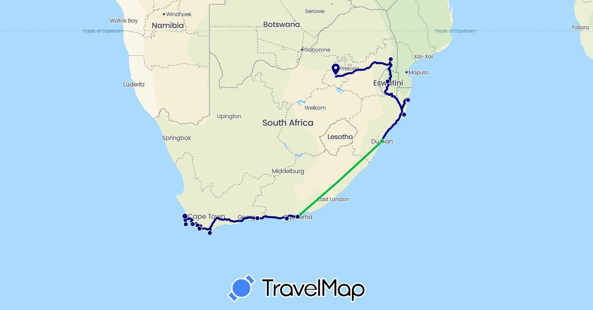 TravelMap itinerary: driving, bus in Swaziland, South Africa (Africa)